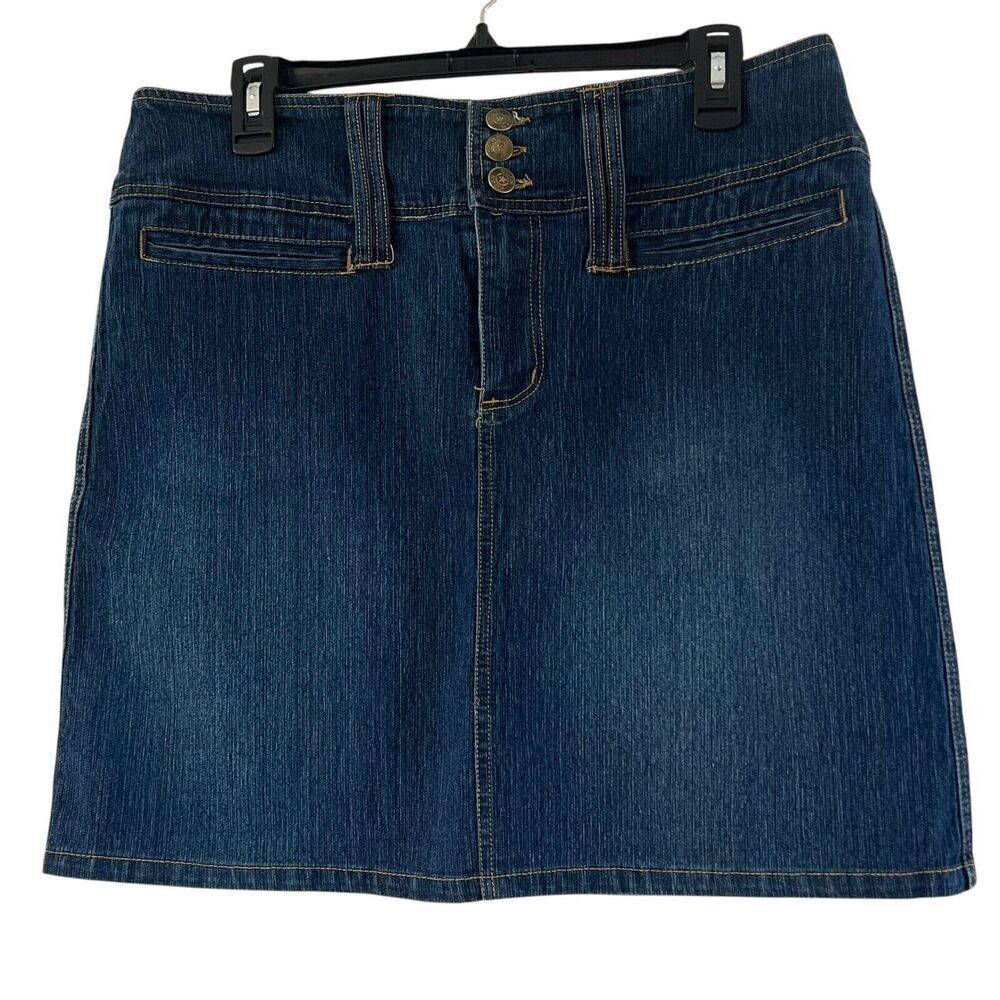 Zoey Beth Denim Mini Skirt Y2K Low Rise Dark Wash Pockets Women's L Stretch